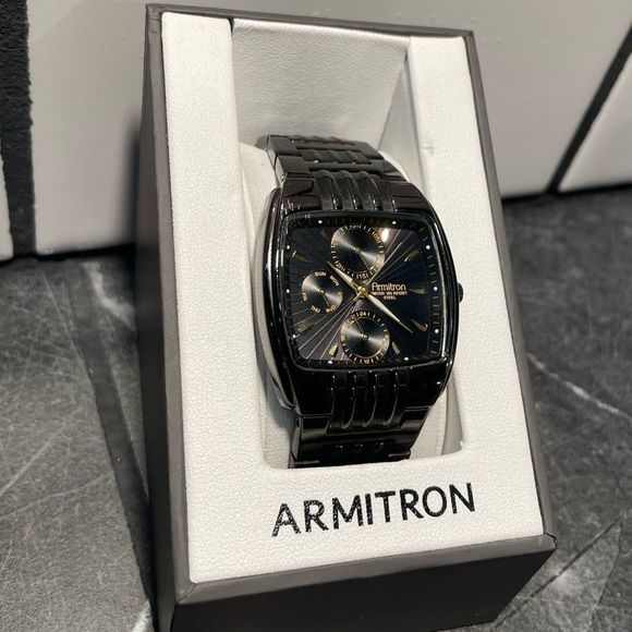 Mens Black Steel Armitron Watch with Original Box - New Battery - Picture 2 of 6
